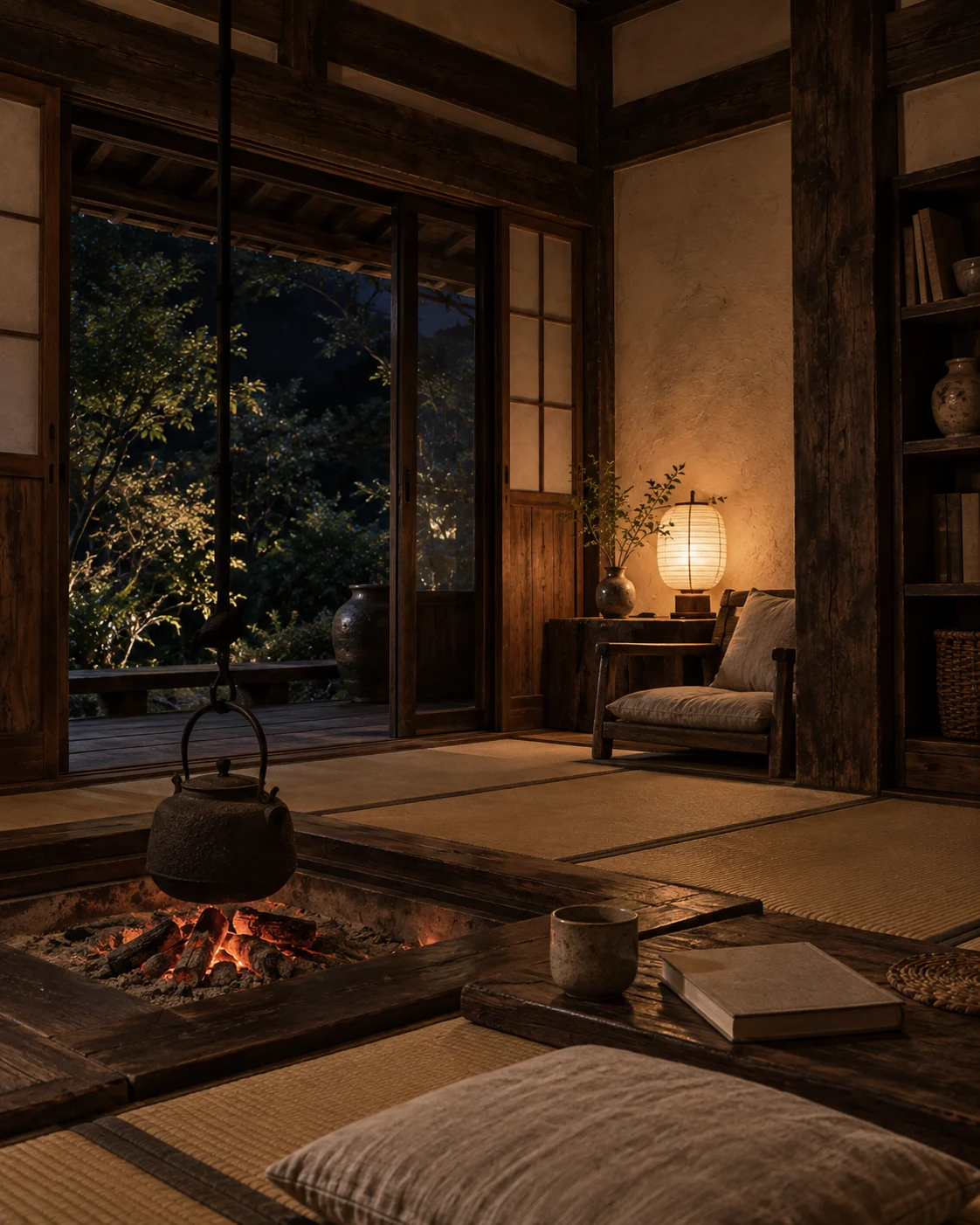 古い梁の下で囲炉裏の火が静かに灯る夜の読書空間