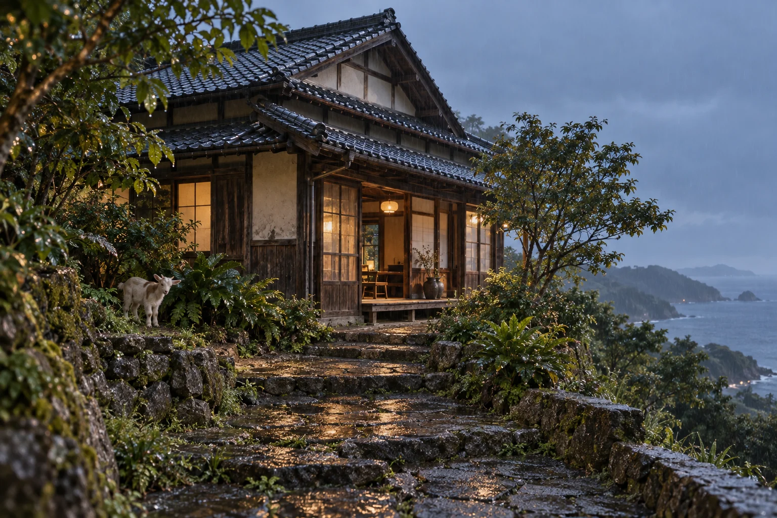 雨の夕暮れに灯りがともる古民家と子ヤギ
