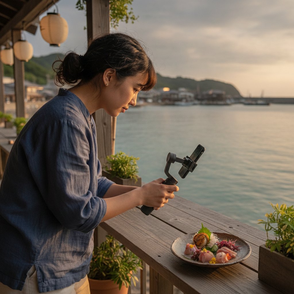 海辺のテラスでスマートフォンとジンバルで料理を撮影するSNS制作風景