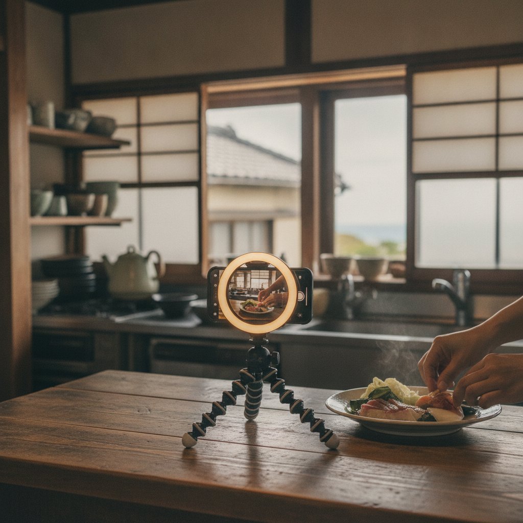 リングライトとスマートフォンでショート動画を撮影する様子