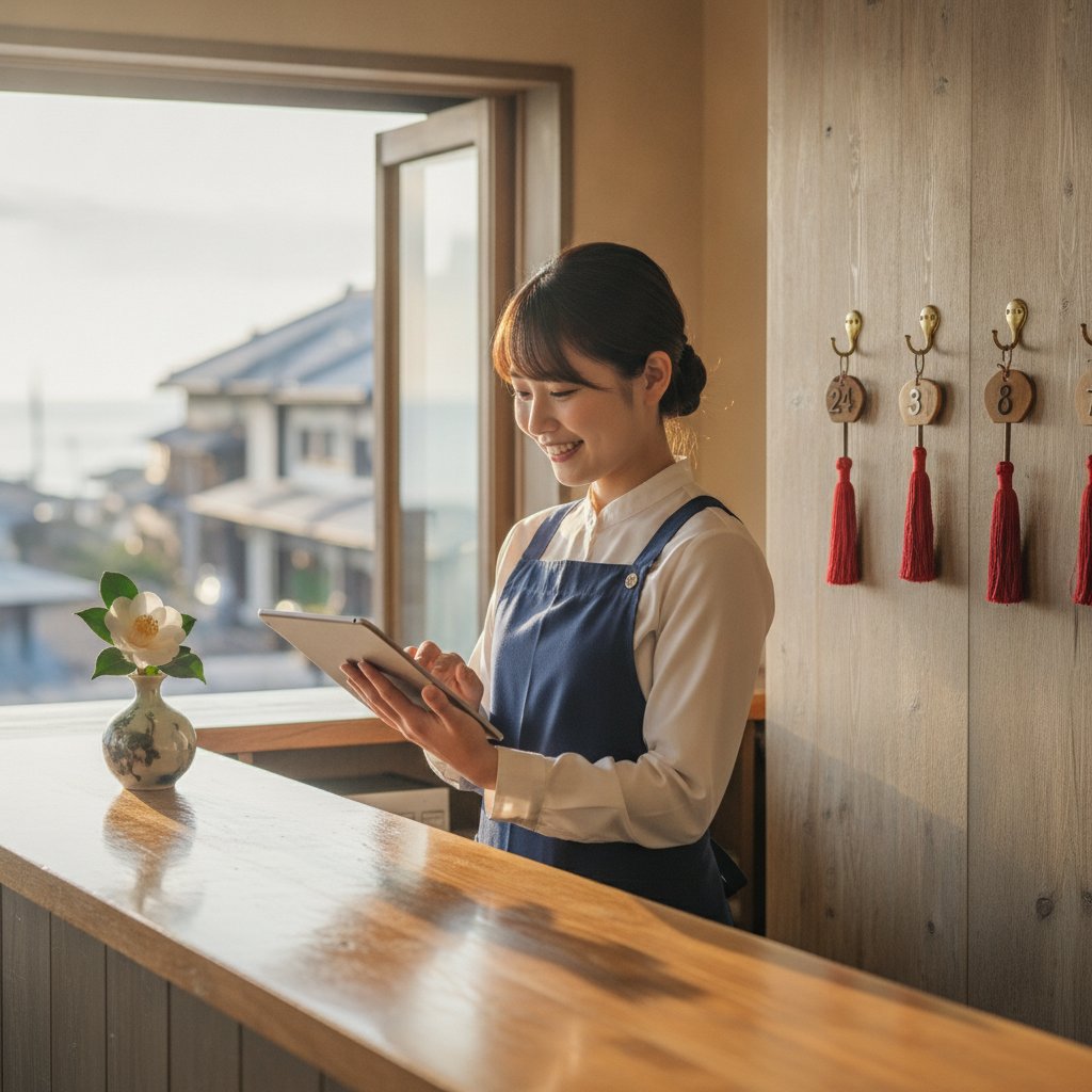 受付でタブレットを使って業務を確認するスタッフ