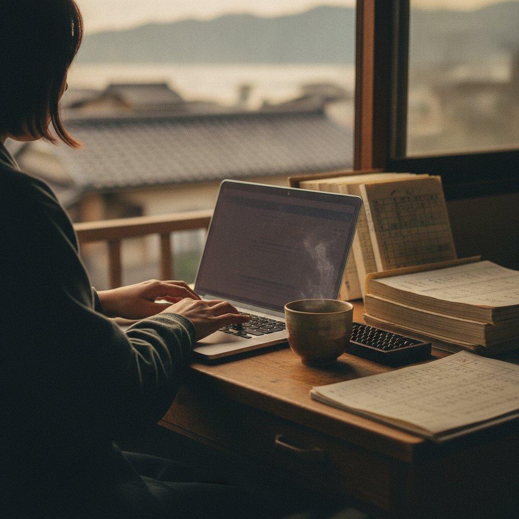 宿の事務机でPC作業を代行する様子