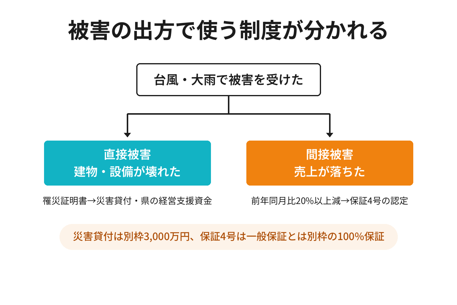 直接被害と間接被害で使える制度が分かれることを示した図解