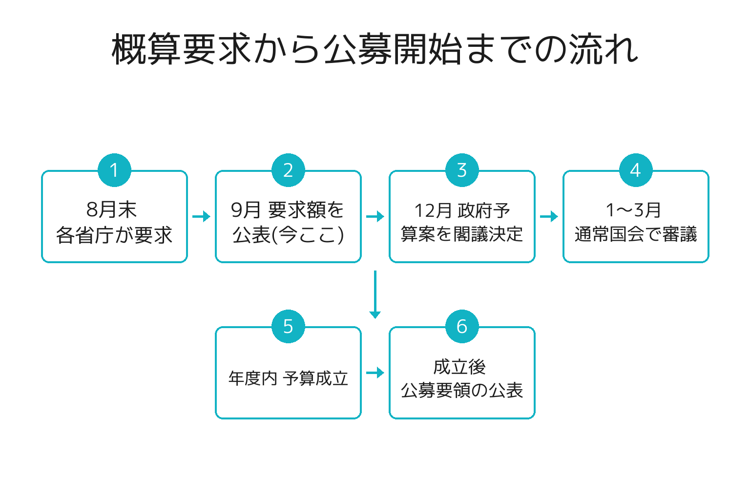 概算要求から補助金の公募開始までの流れを示すフロー図