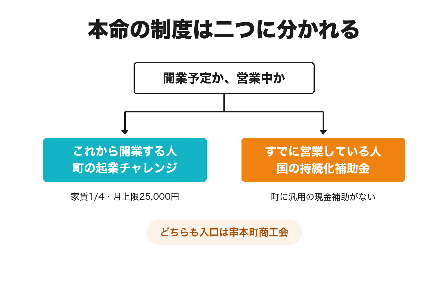 串本町で開業予定者と既存事業者の本命制度を分けた2分岐の図解
