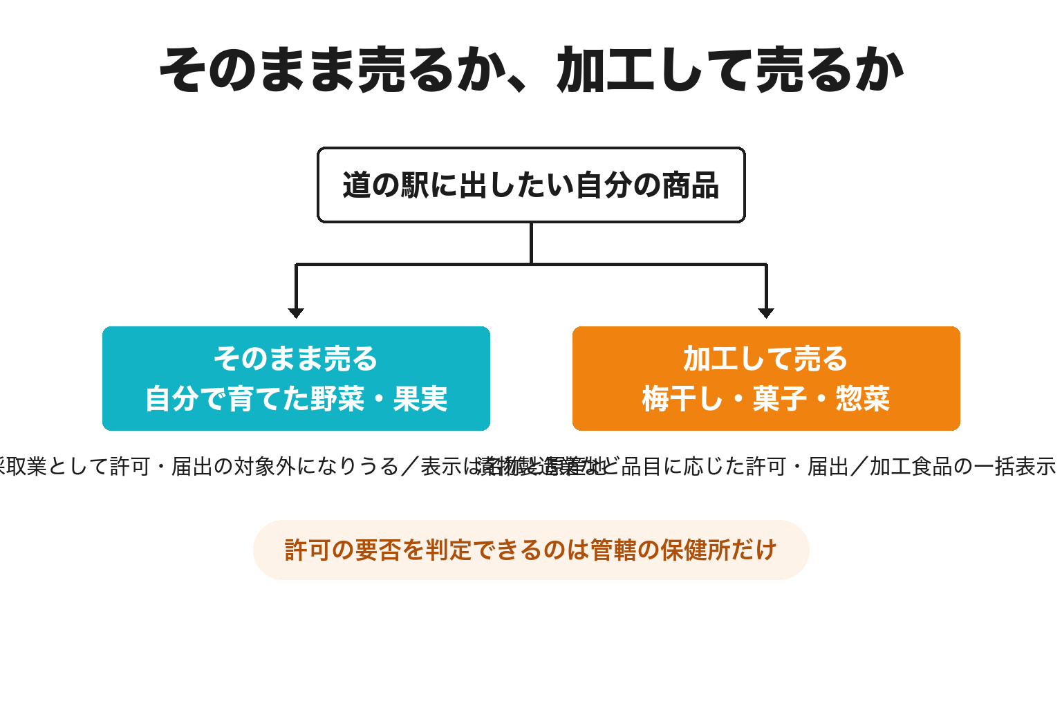 農産物をそのまま売る場合と加工して売る場合の手続きの違いを示した図解