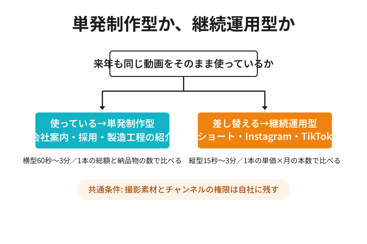 動画の依頼を単発制作型と継続運用型の2分岐で切り分ける図解