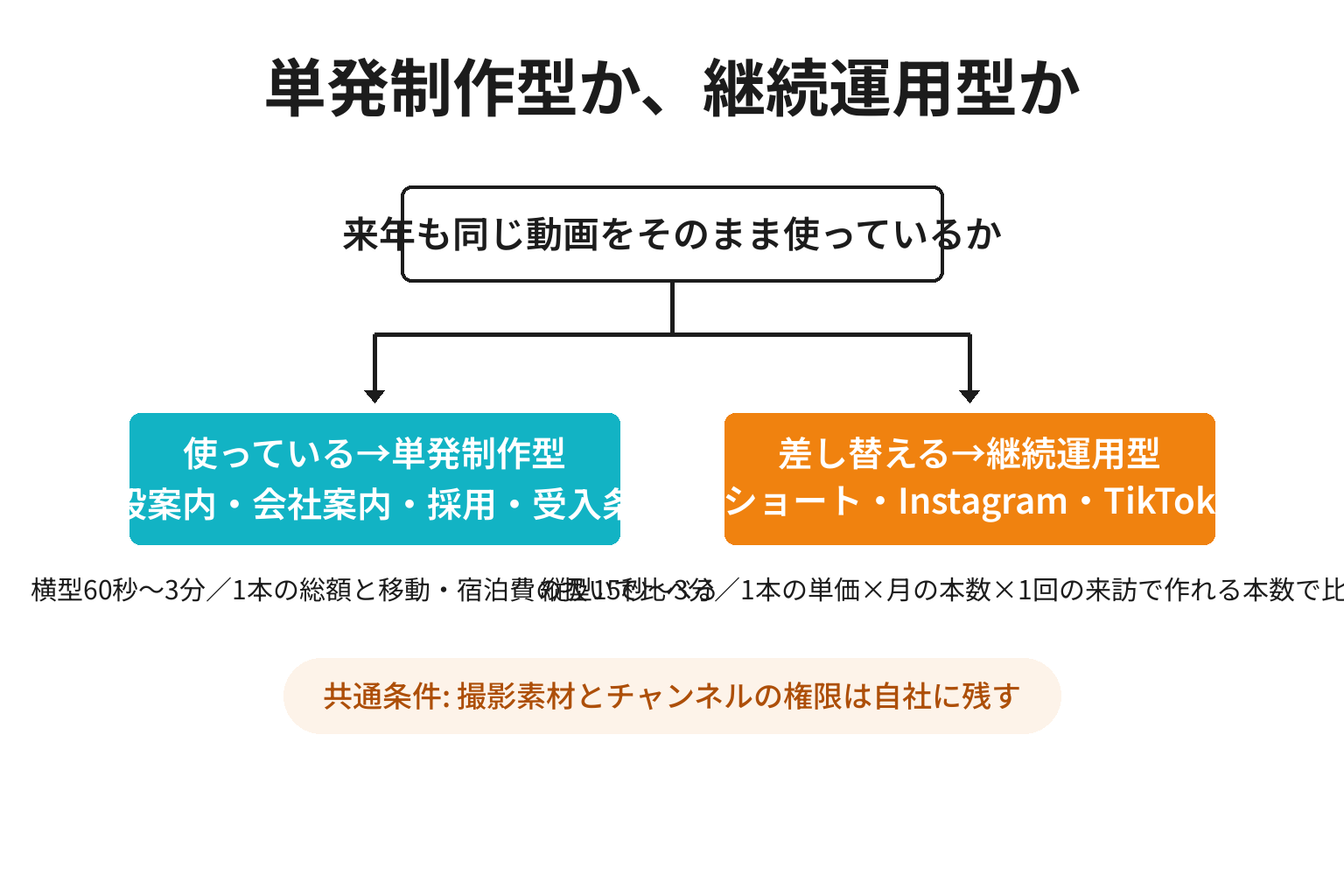 動画の依頼を単発制作型と継続運用型の2分岐で切り分ける図解