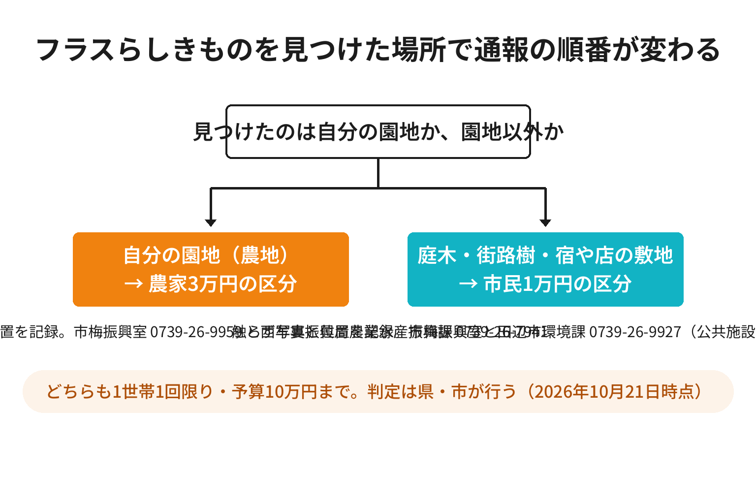 フラスを見つけた場所が園地か園地以外かで通報の順番と懸賞金の区分が分かれる判断図解