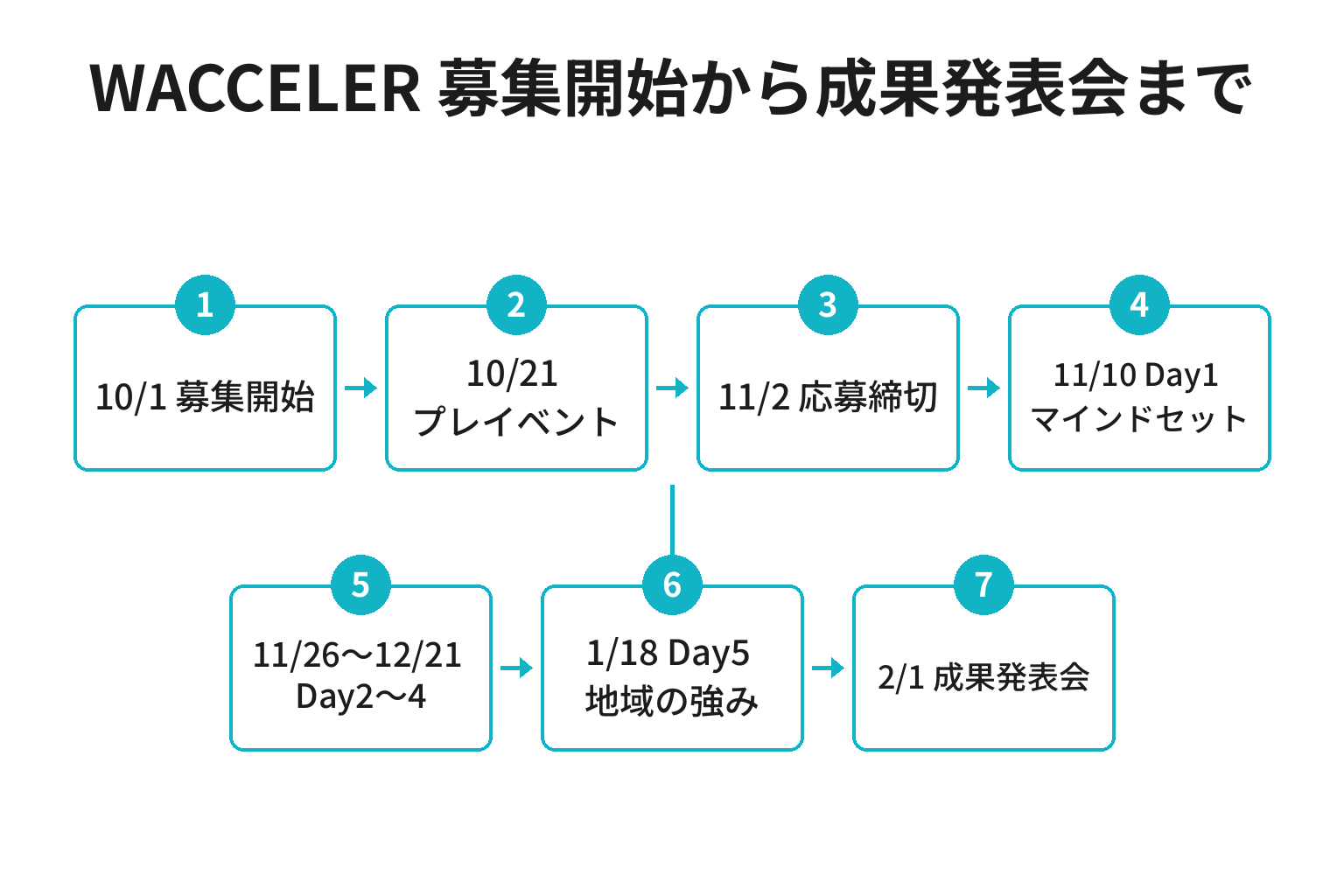 WACCELERの募集開始から成果発表会までの日程のフロー図