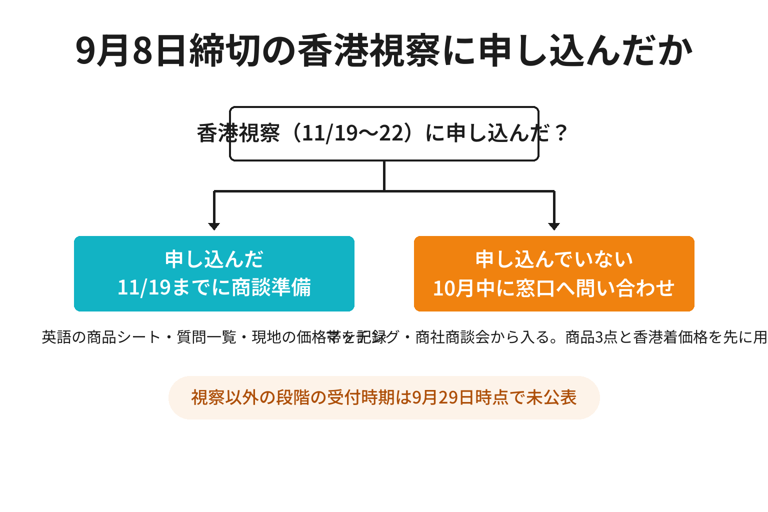 香港視察への申込の有無で今後の準備が分かれる2分岐図解