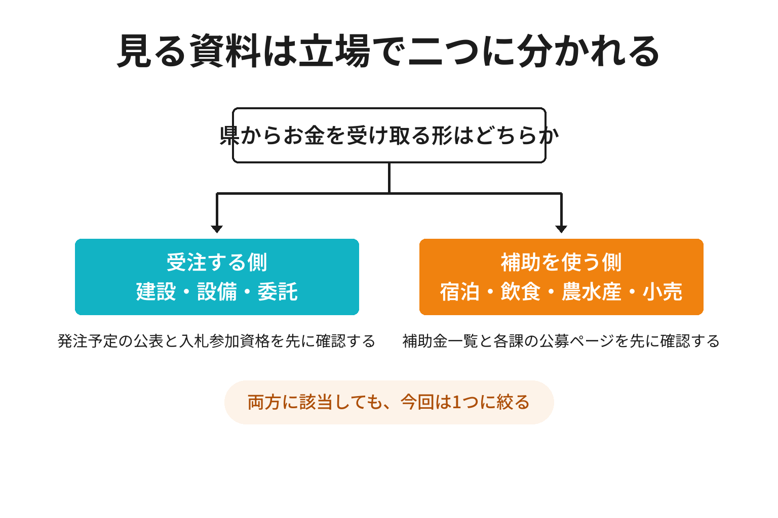 受注側か補助金利用側かで見る資料が分かれることを示した2分岐図解