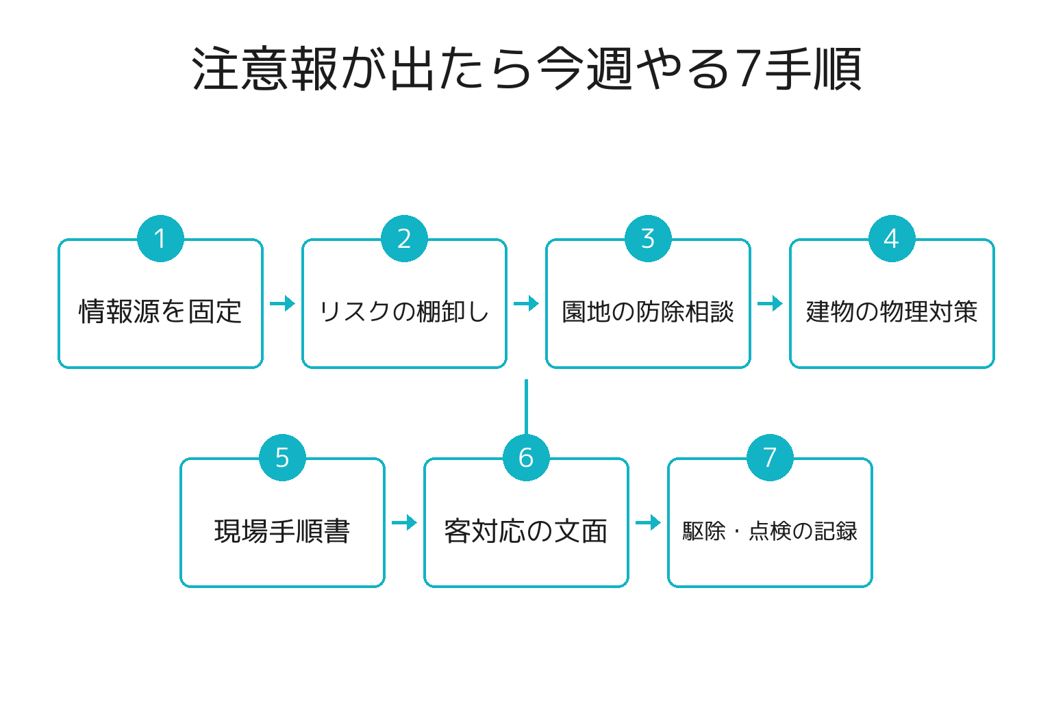 カメムシ注意報を受けて事業者が今週やる7手順のフロー図